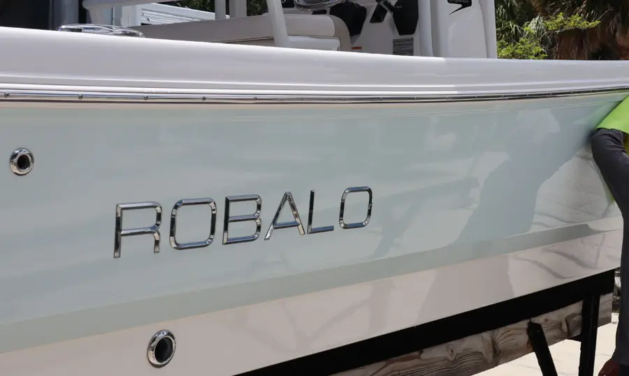 Glossy protected gelcoat on a Robalo hull